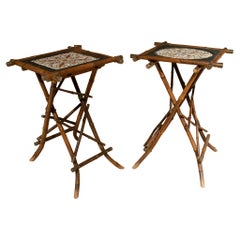 Pair of 1970s English Bamboo Tables w/ Bronze Fittings and Glazed Ceramic Tops