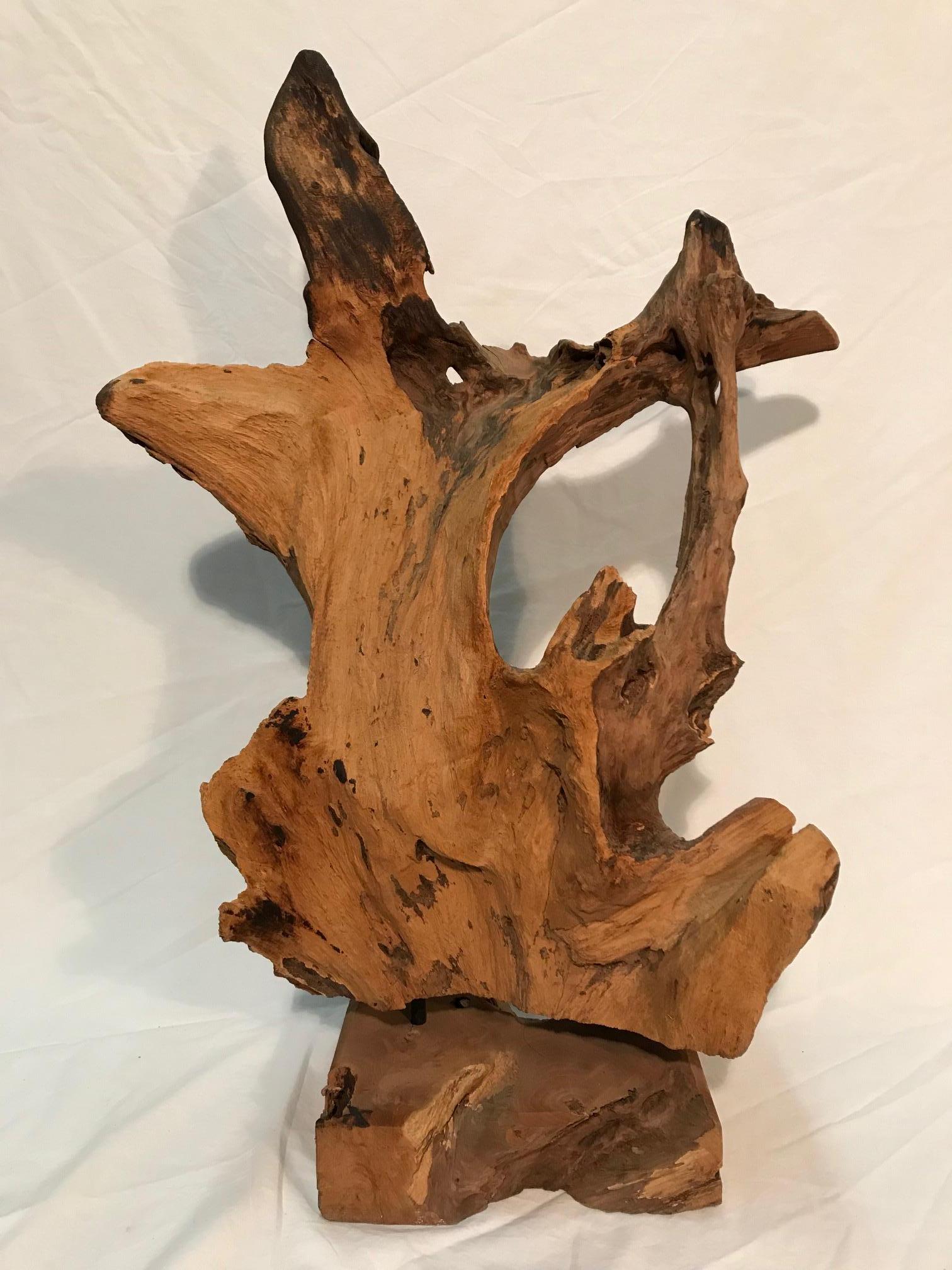 Pair of 1970s Era Steel Rod Mounted Driftwood Sculptures In Excellent Condition In Dallas, TX