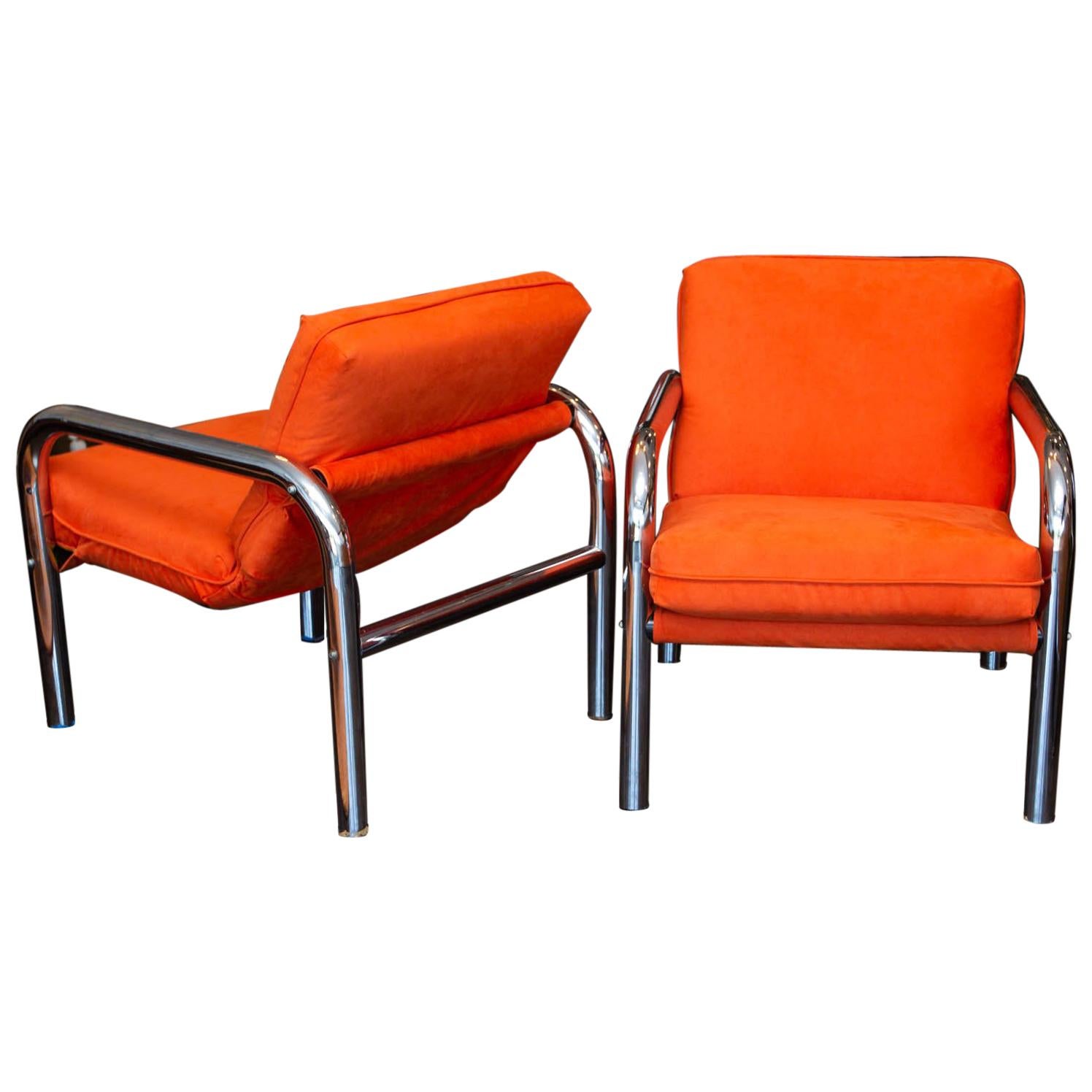 Pair of 1970s Era Tubular Chrome Sling Chairs