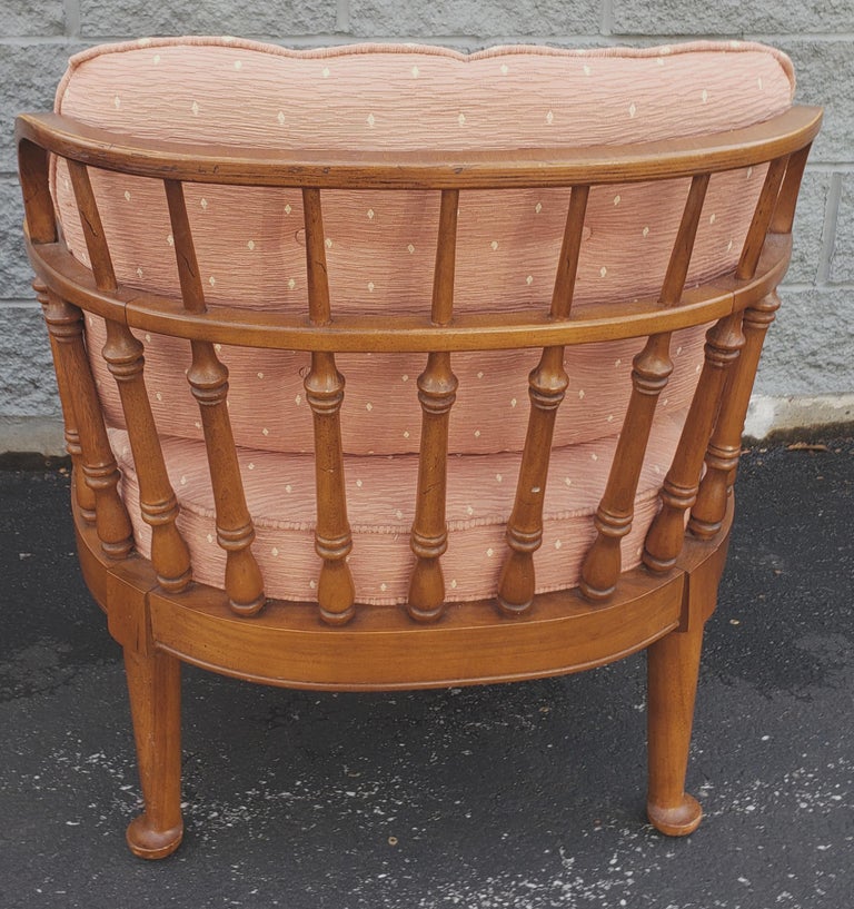 Pair of 1970s Ethan Allen Heirloom Maple Barrel Back Upholstered Lounge