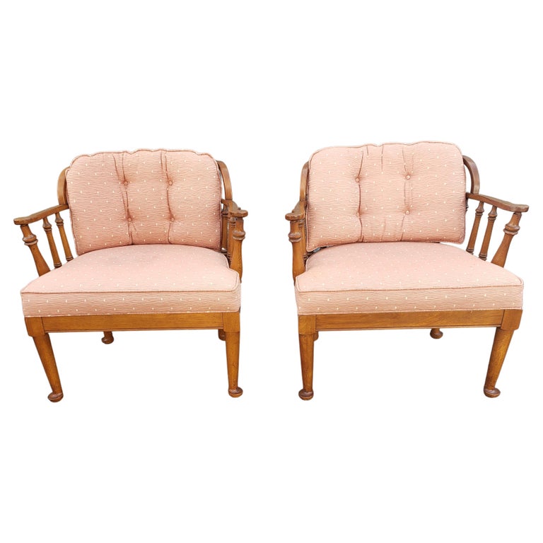 Pair of 1970s Ethan Allen Heirloom Maple Barrel Back Upholstered Lounge