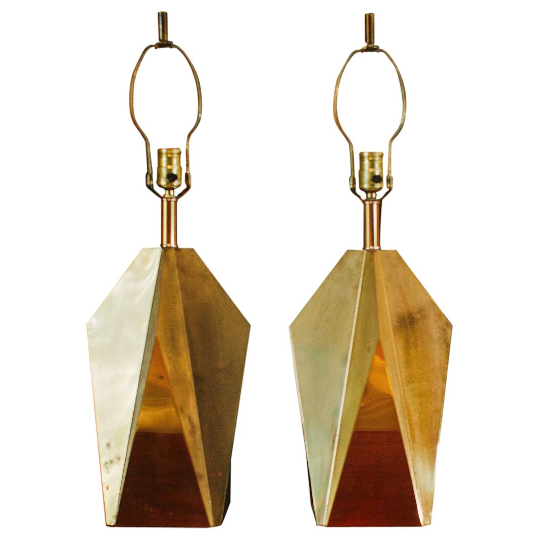 Pair of 1970s Faceted Brass Designer Table Lamps