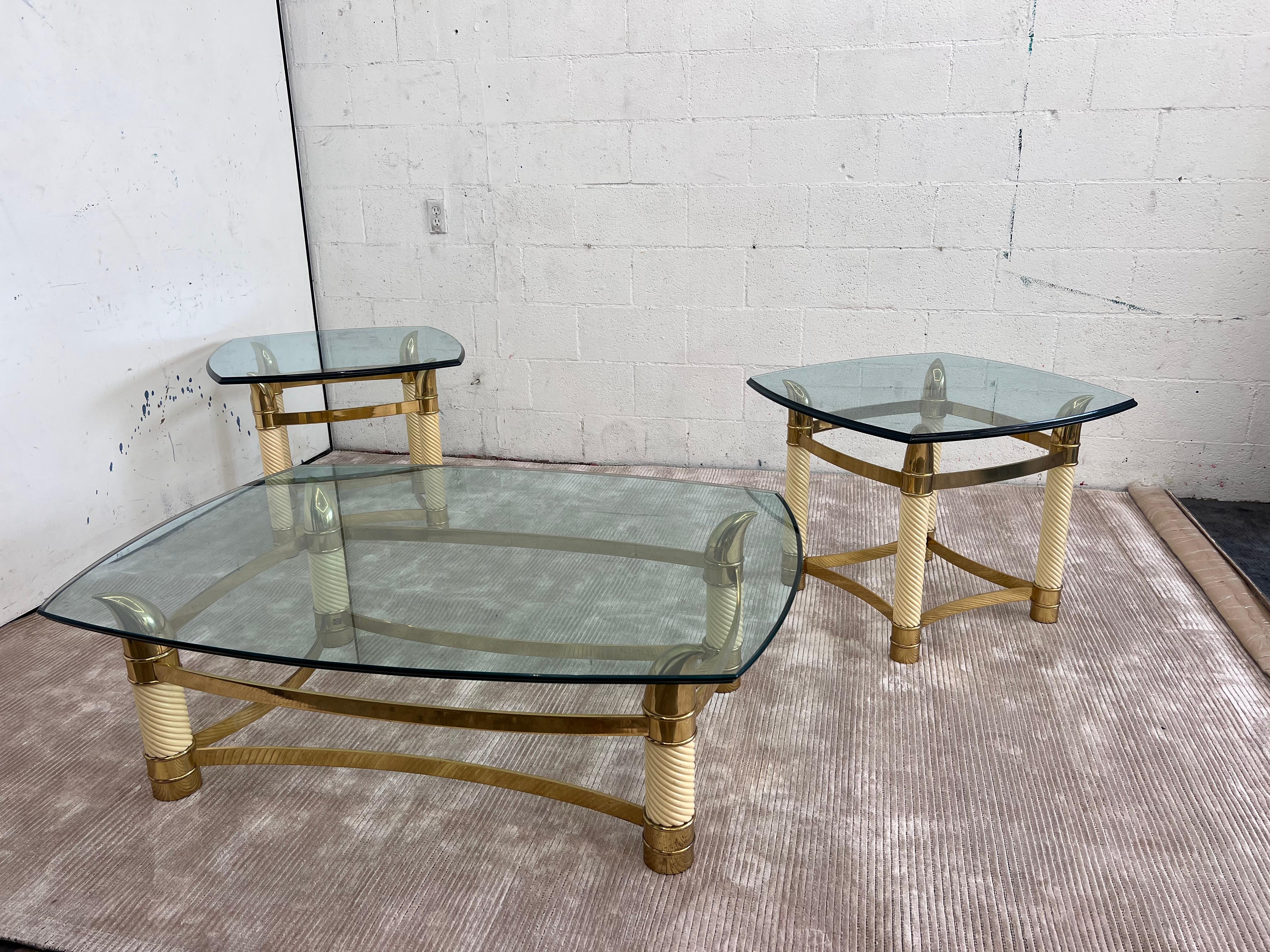 Pair of 1970s Faux Elephant Tusk Side Table in Brass and Faux Horn in the style  For Sale 1
