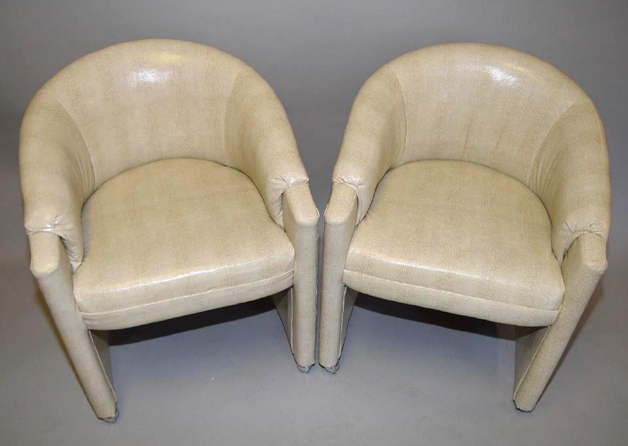 Mid-Century Modern Pair of 1970s Faux Snakeskin Rolling Club Chairs