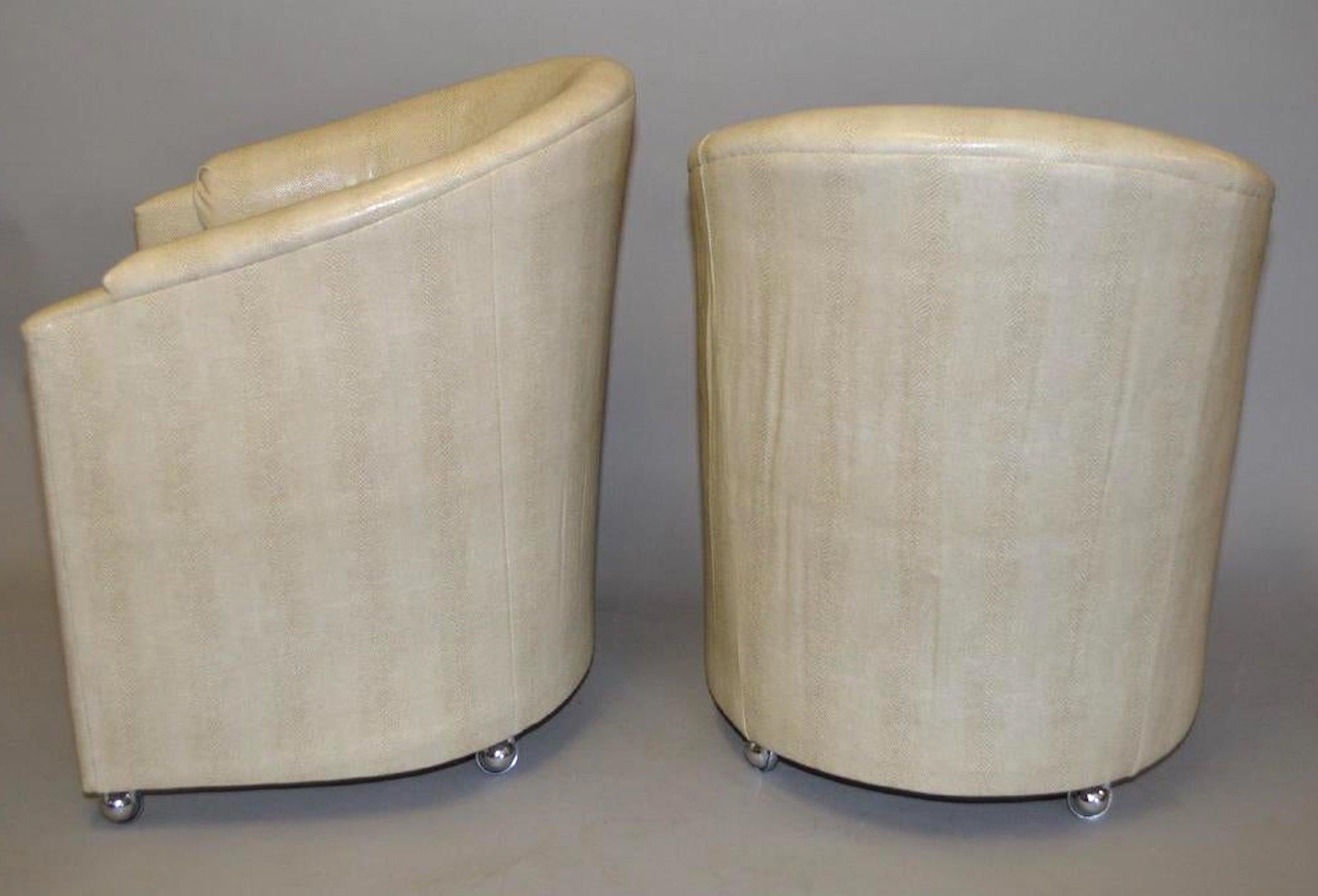 Pair of 1970s Faux Snakeskin Rolling Club Chairs In Good Condition In West Palm Beach, FL