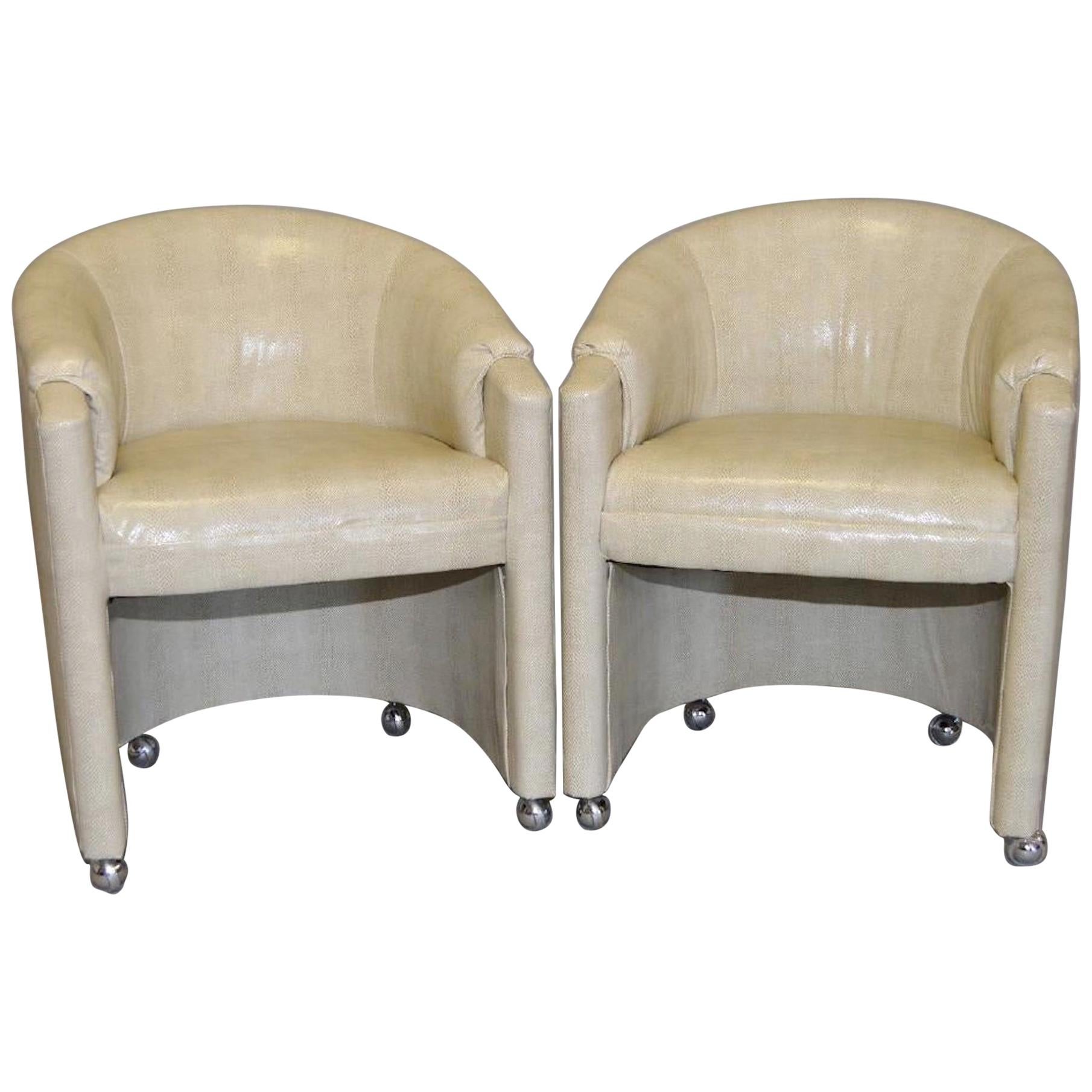 Pair of 1970s Faux Snakeskin Rolling Club Chairs