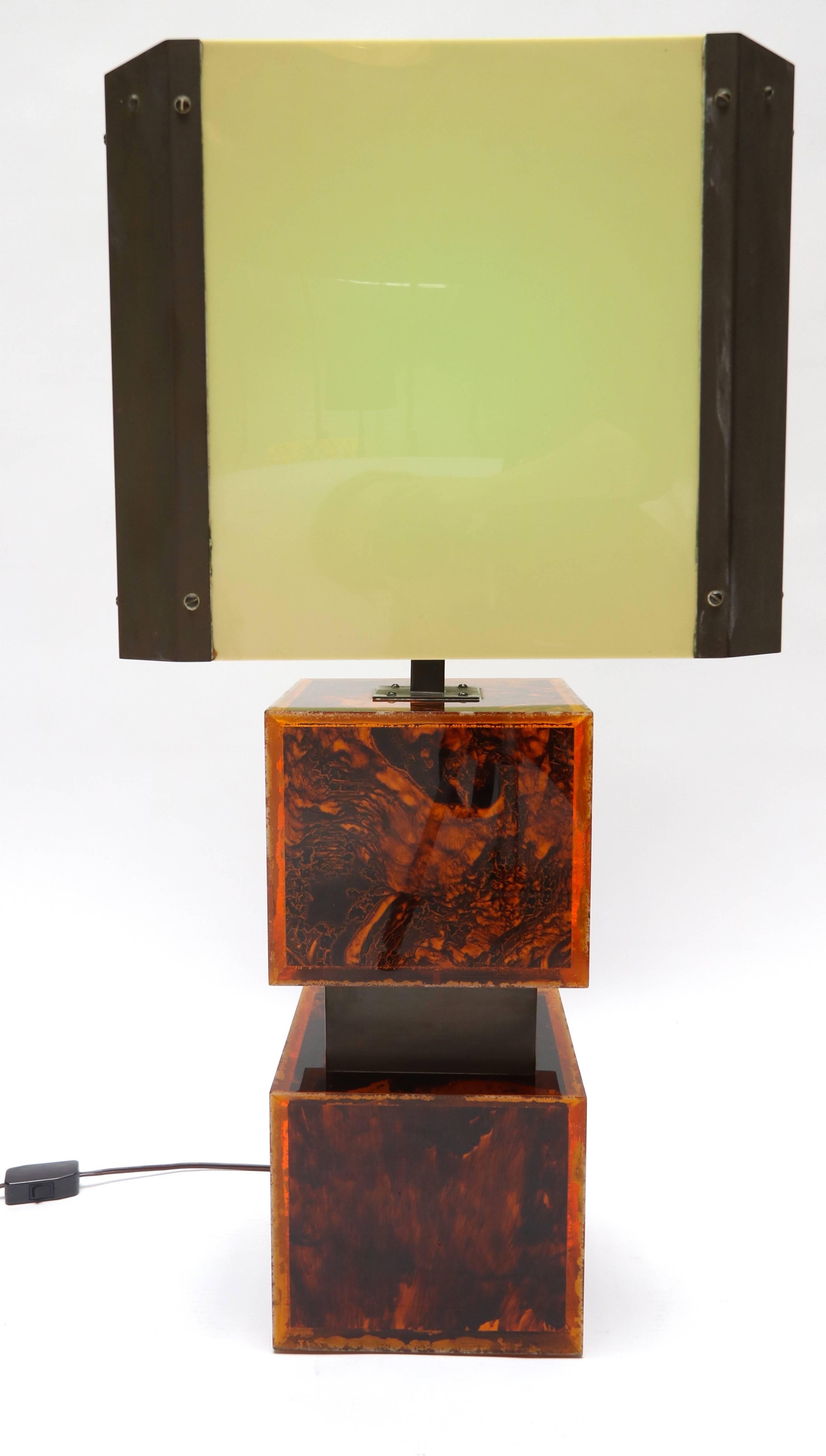 Pair of 1970s French acrylic and brass table lamps with tortoise shell pattern on bases and brass and acrylic shades.