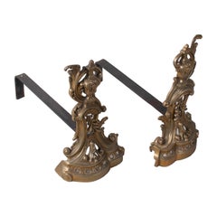 Pair of 1970s French Baroque Bronze Fireplace Dogs