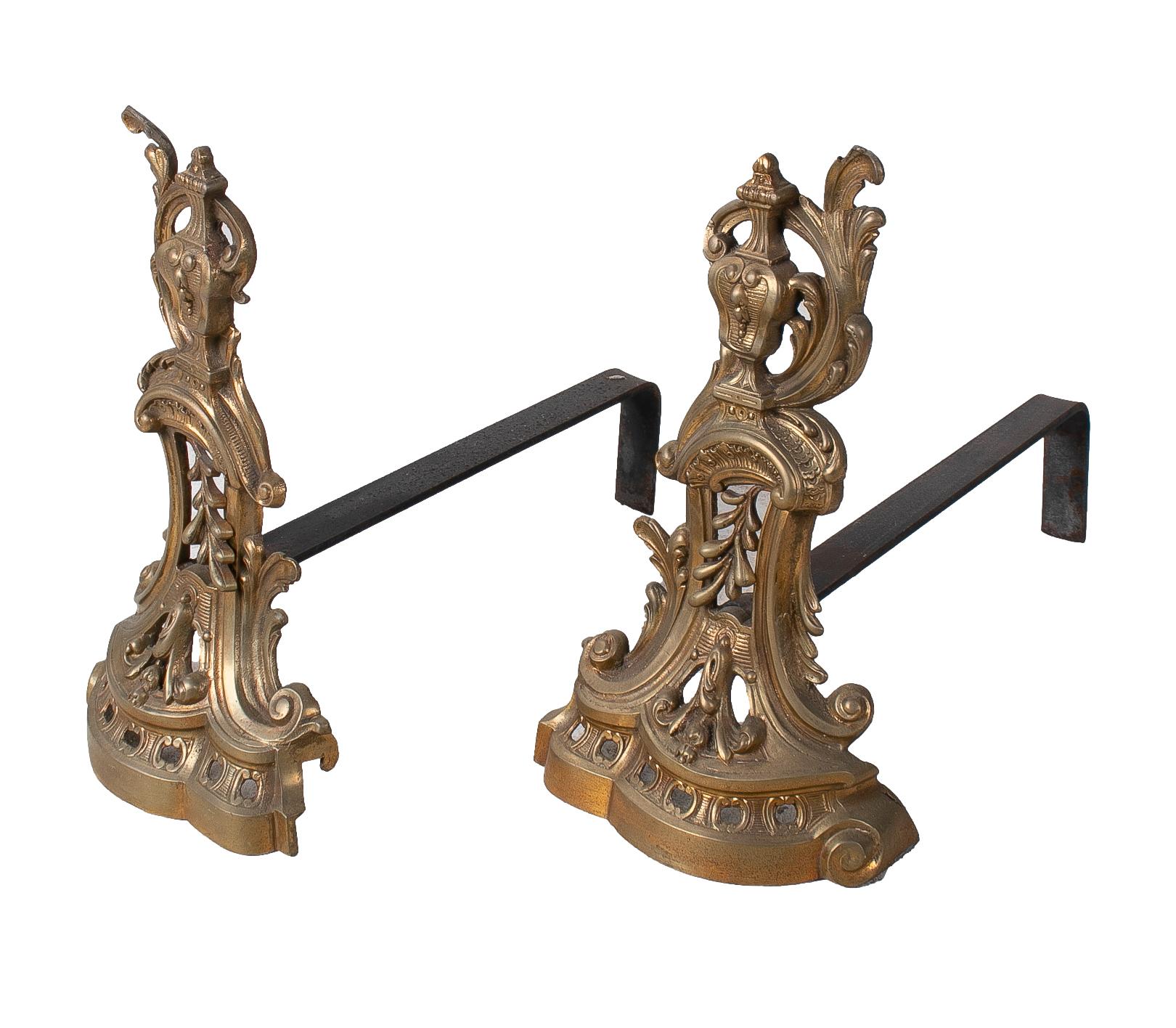 19th Century Pair of 1970s French Baroque Bronze Fireplace Dogs For Sale