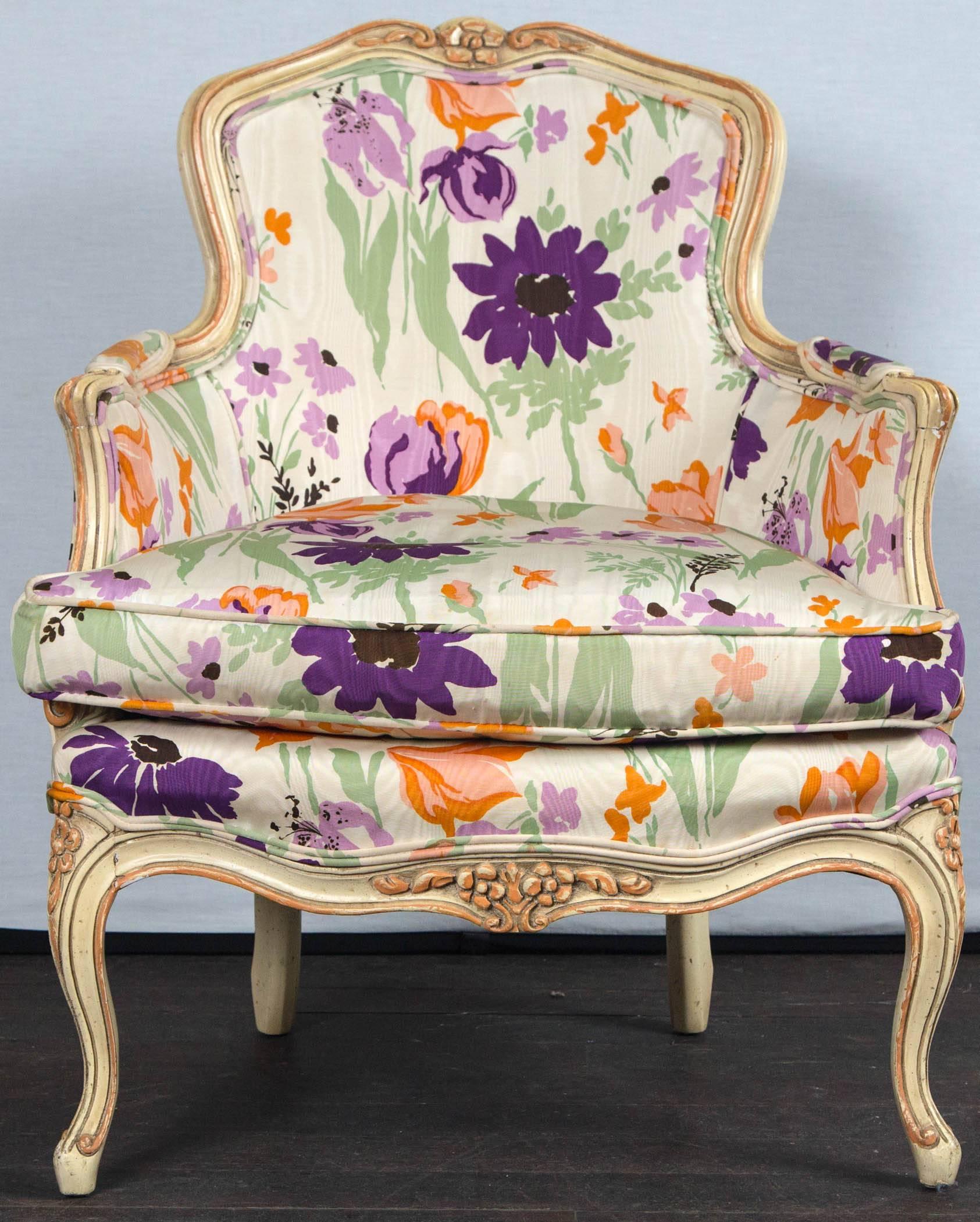 Carved Pair of 1970s French Bergere with Woodson Style Fabric