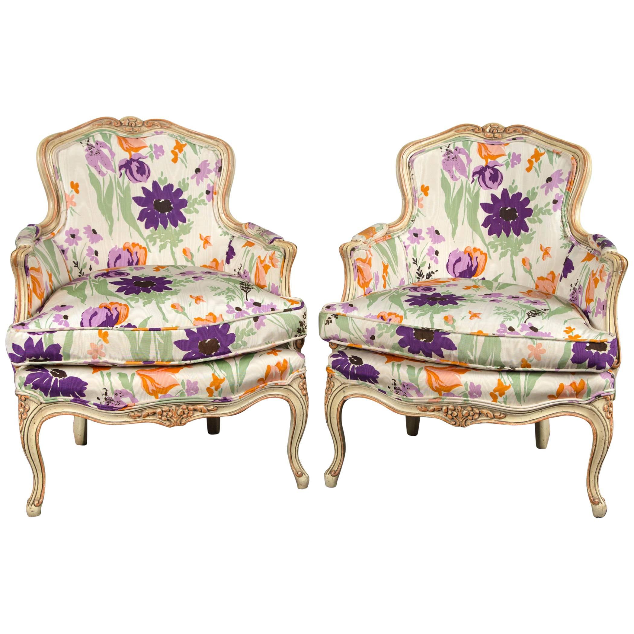 Pair of 1970s French Bergere with Woodson Style Fabric
