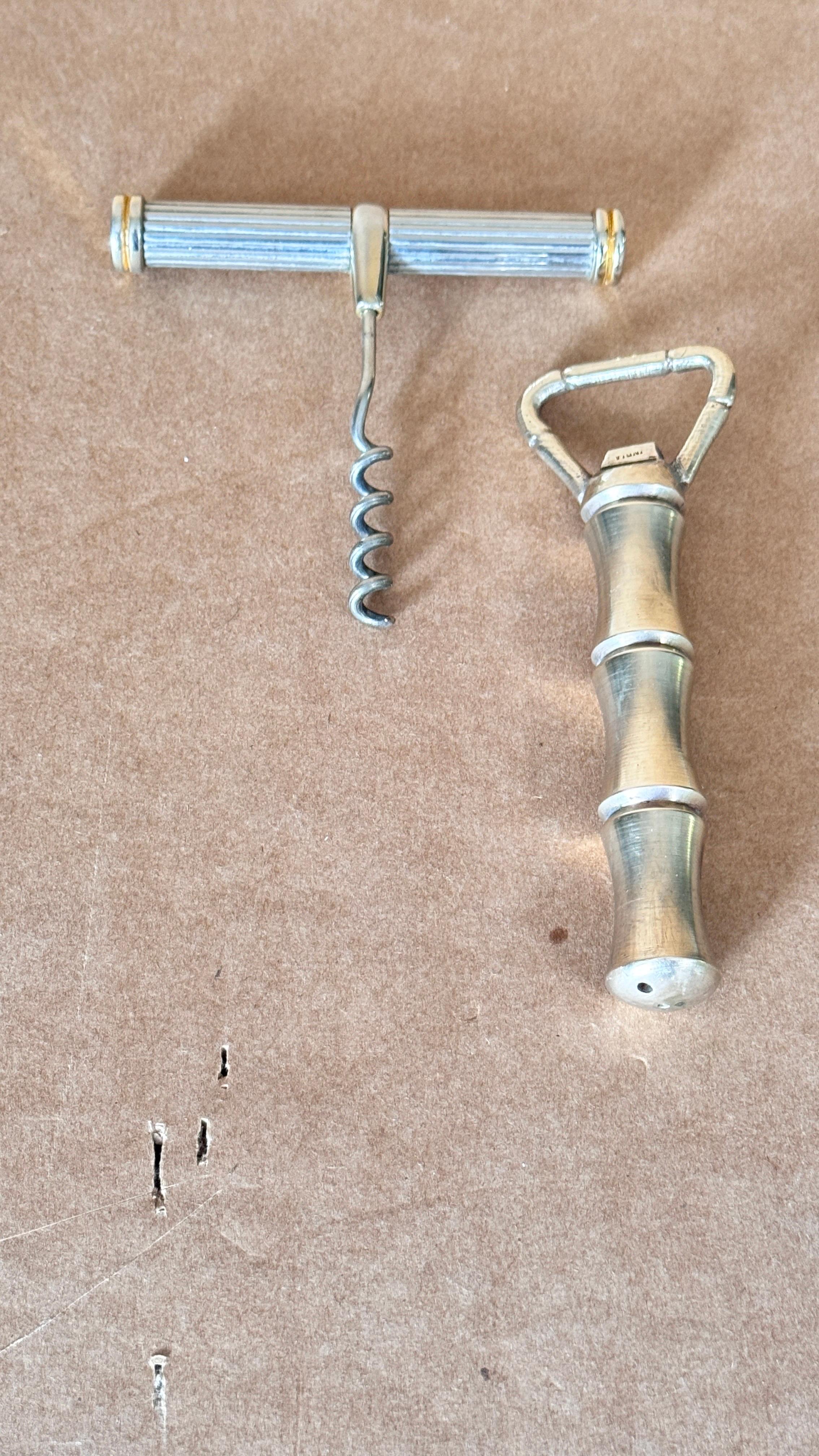 Coppia di apribottiglie francesi degli anni '70, cavatappi in argento e oro e finto bambù in ottone in vendita 6