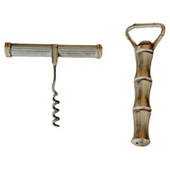 Pair of 1970s French Bottle Openers, Silver-Gold Corkscrew and Faux Bamboo Brass