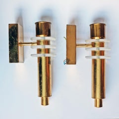 Pair of 1970s French Brass and Lucite Wall Lamps Sconces