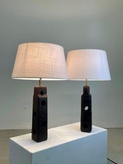 Pair of 1970s French Brutalist Oak Table Lamps, Sculptural Design