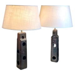 Pair of 1970s French Brutalist Oak Table Lamps, Sculptural Design