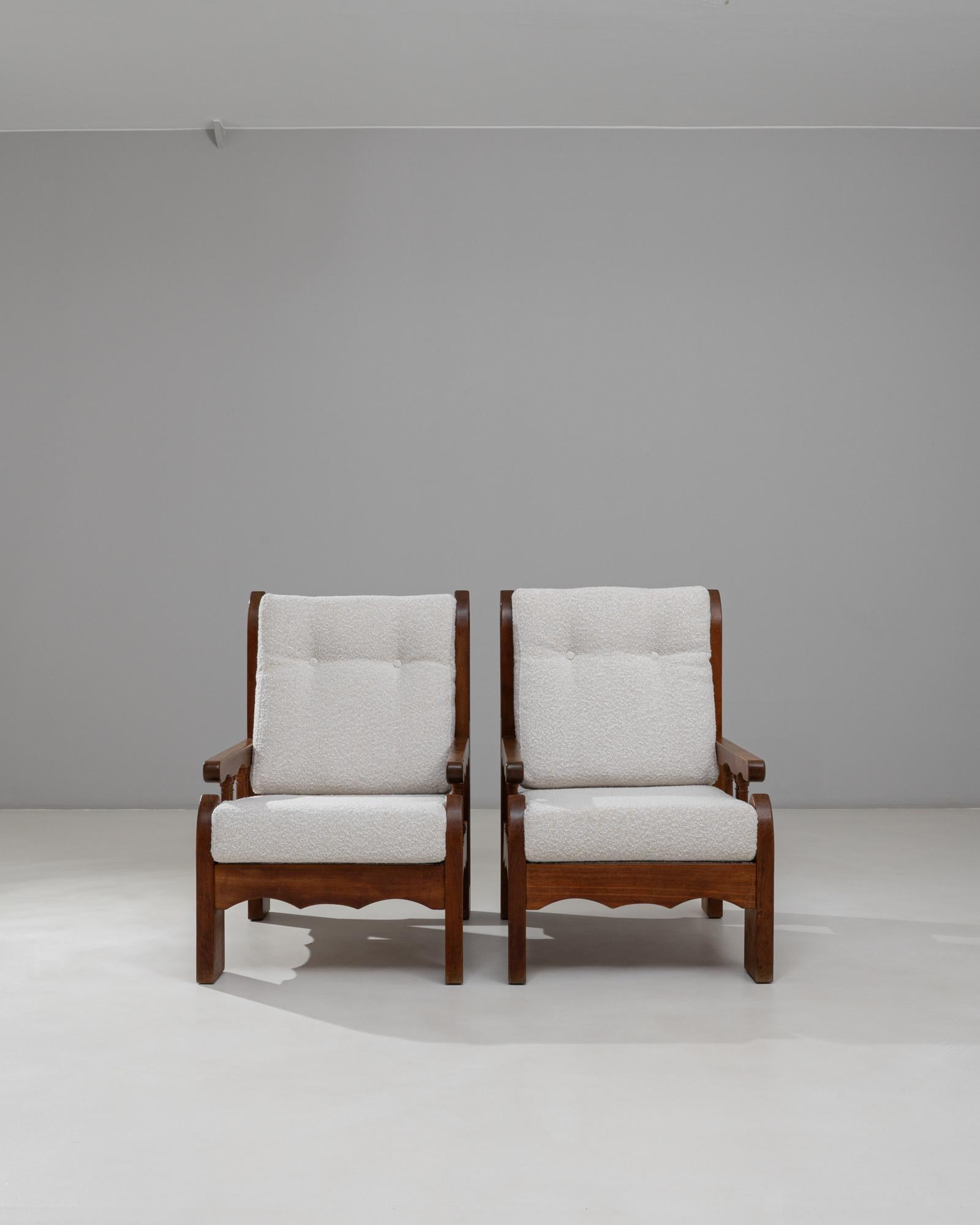 Pair of 1970s French Brutalist Upholstered Armchairs with Carved Details Bon état - En vente à High Point, NC