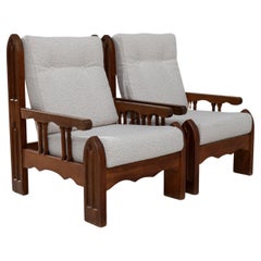 Pair of 1970s French Brutalist Upholstered Armchairs with Carved Details