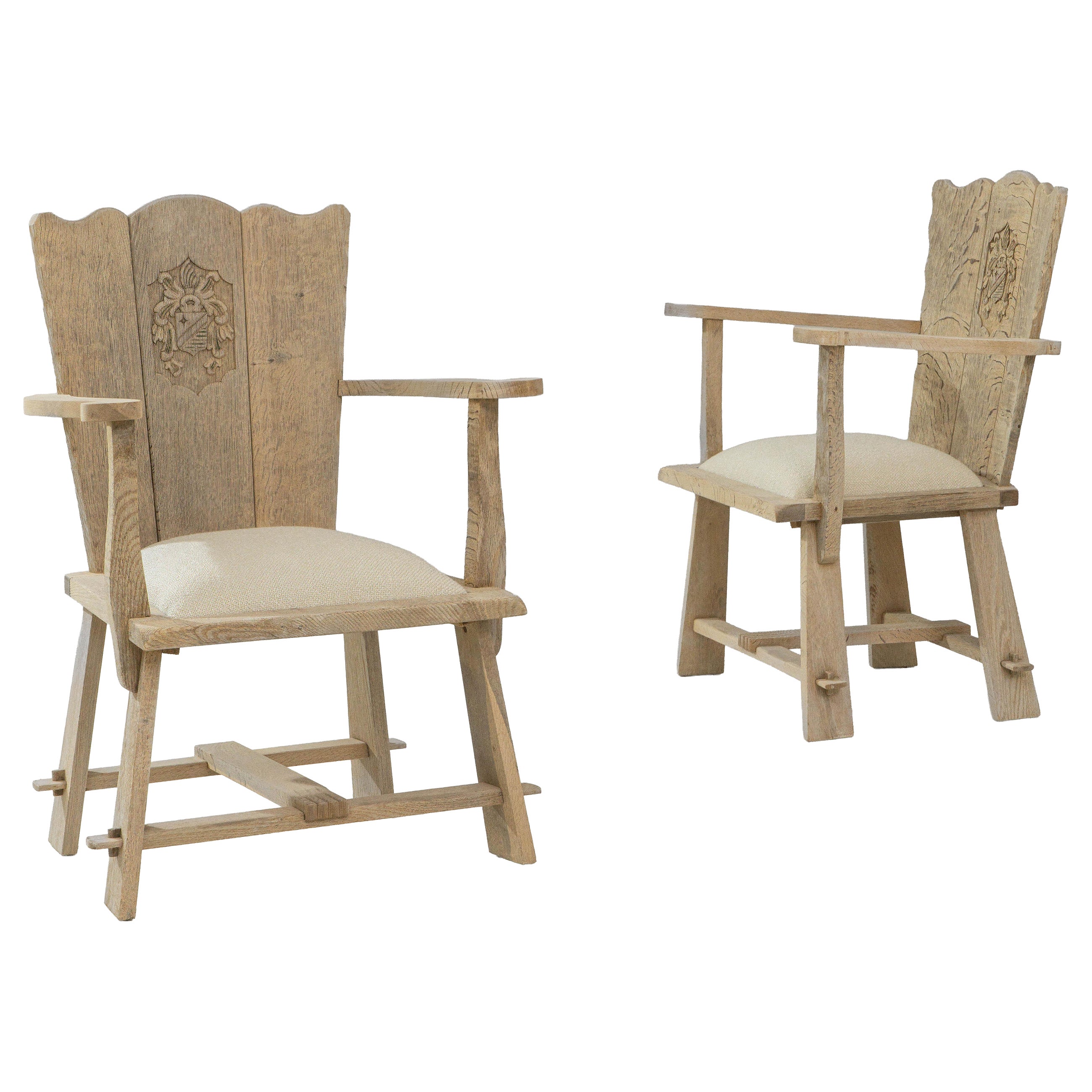 Pair of 1970s French Carved Oak Armchairs With Upholstered Seats