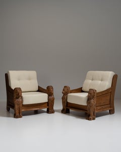Pair of 1970s French Chestnut Oak Upholstered Armchairs Carved Lion Figures