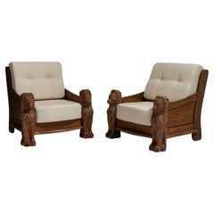Pair of 1970s French Chestnut Oak Upholstered Armchairs Carved Lion Figures