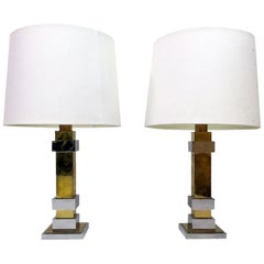 Pair of 1970s French Chrome and Brass Table Lamps with White Shades