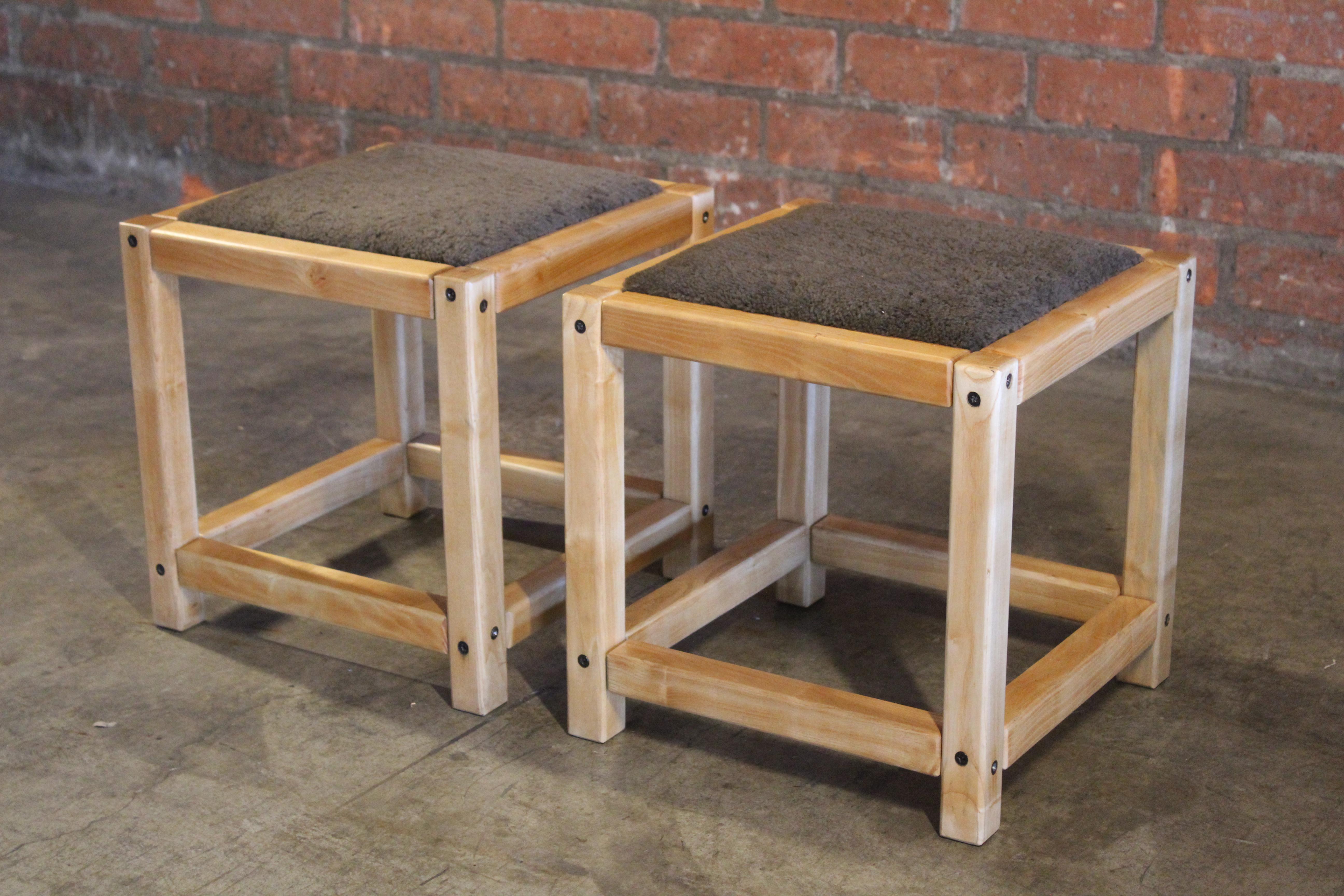 Pair of 1970s French Elm Stools in Sheepskin by Sentou For Sale 5