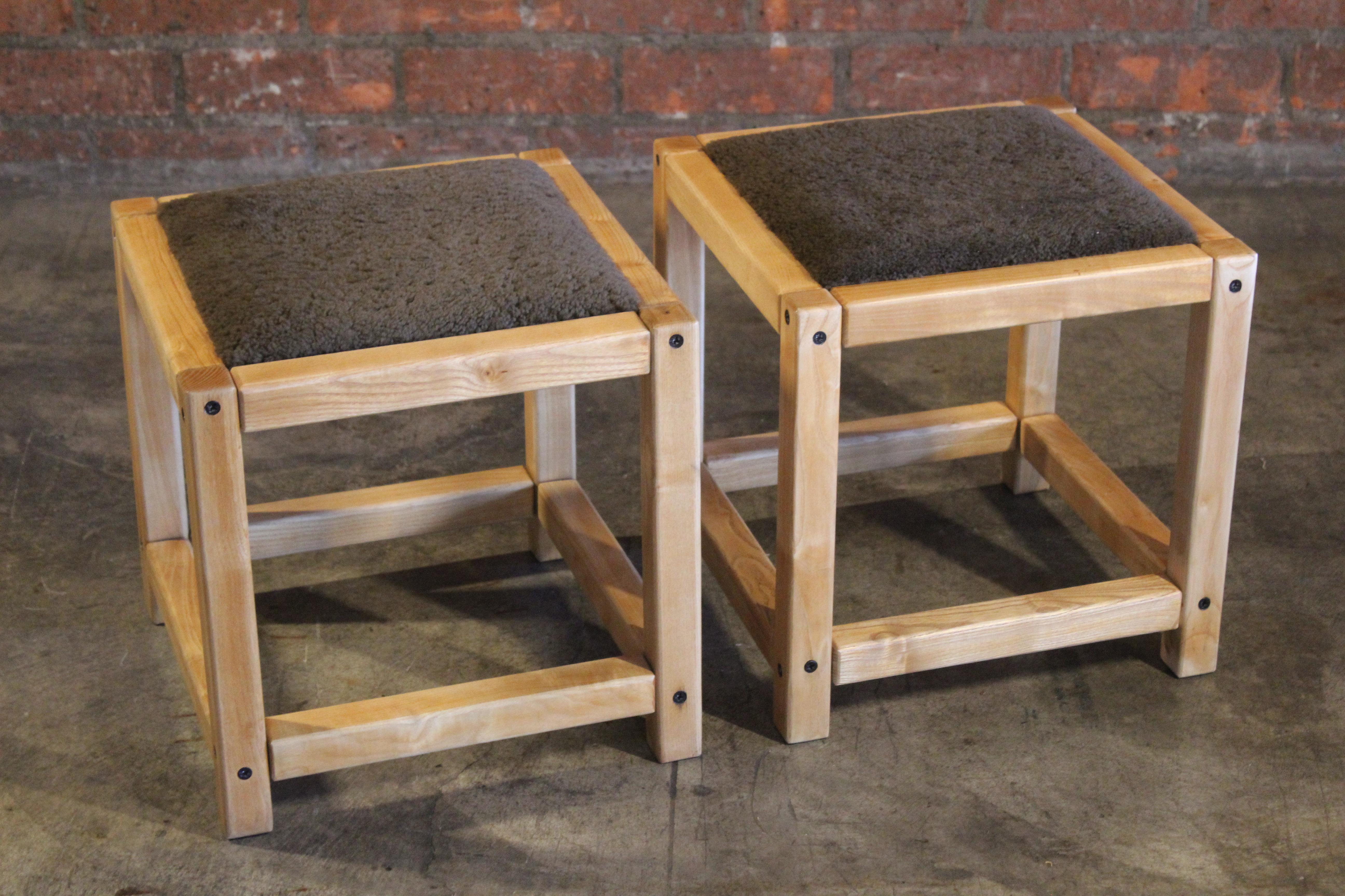 Pair of 1970s French Elm Stools in Sheepskin by Sentou In Good Condition For Sale In Los Angeles, CA