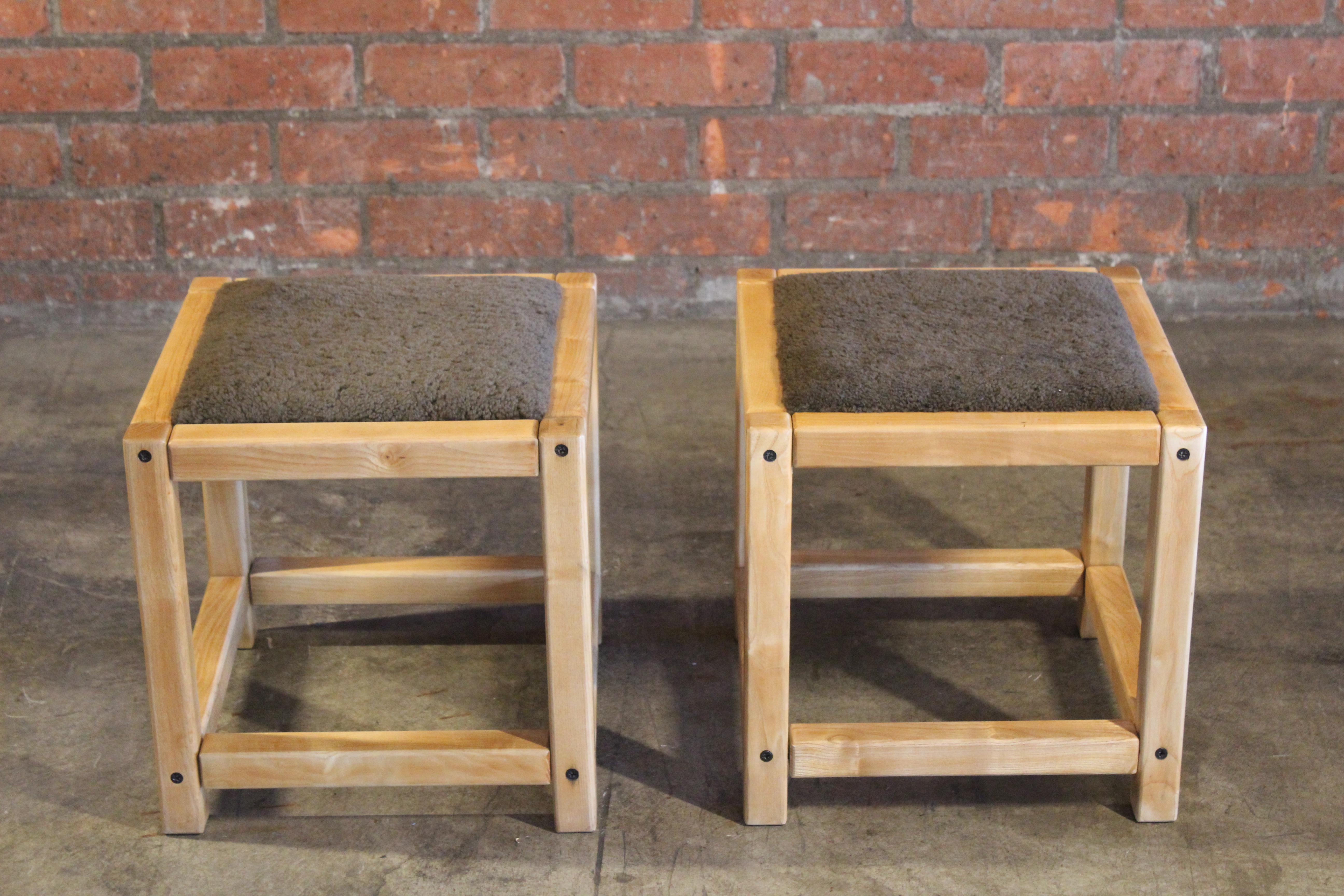 Pair of 1970s French Elm Stools in Sheepskin by Sentou For Sale 3