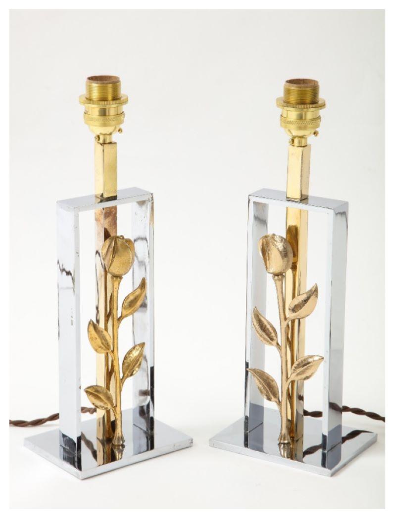 Hollywood Regency Pair of 1970s French Gilt and Chrome Rose Table Lamps For Sale
