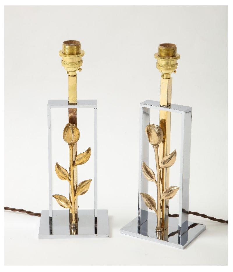 Pair of 1970s French Gilt and Chrome Rose Table Lamps In Good Condition For Sale In Chicago, IL