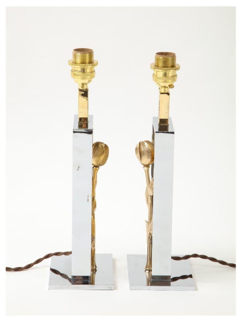 Late 20th Century Pair of 1970s French Gilt and Chrome Rose Table Lamps For Sale