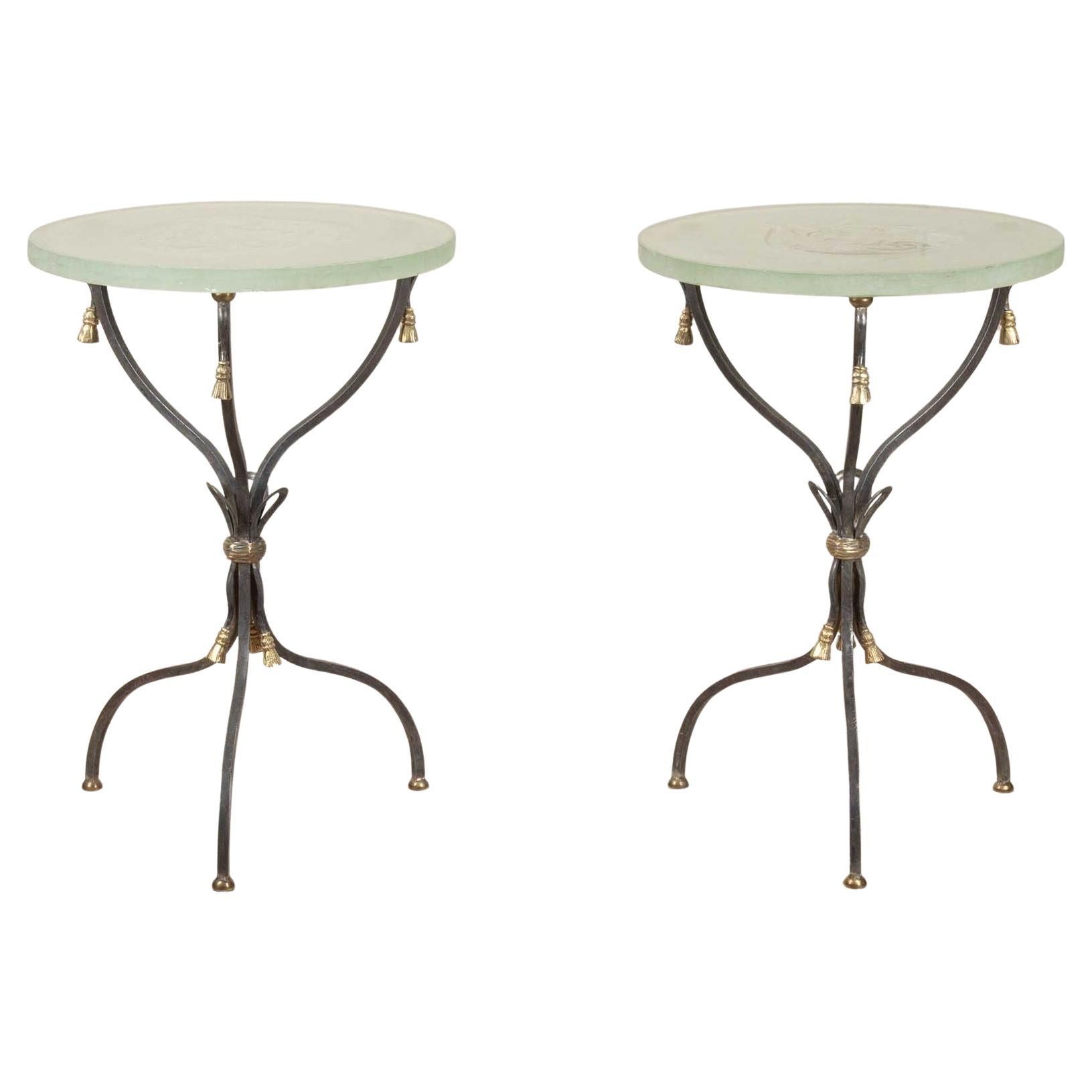 Pair of 1970s French Iron and Bronze Lamp Tables with Art Glass Tops