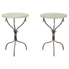 Pair of 1970s French Iron and Bronze Lamp Tables with Art Glass Tops