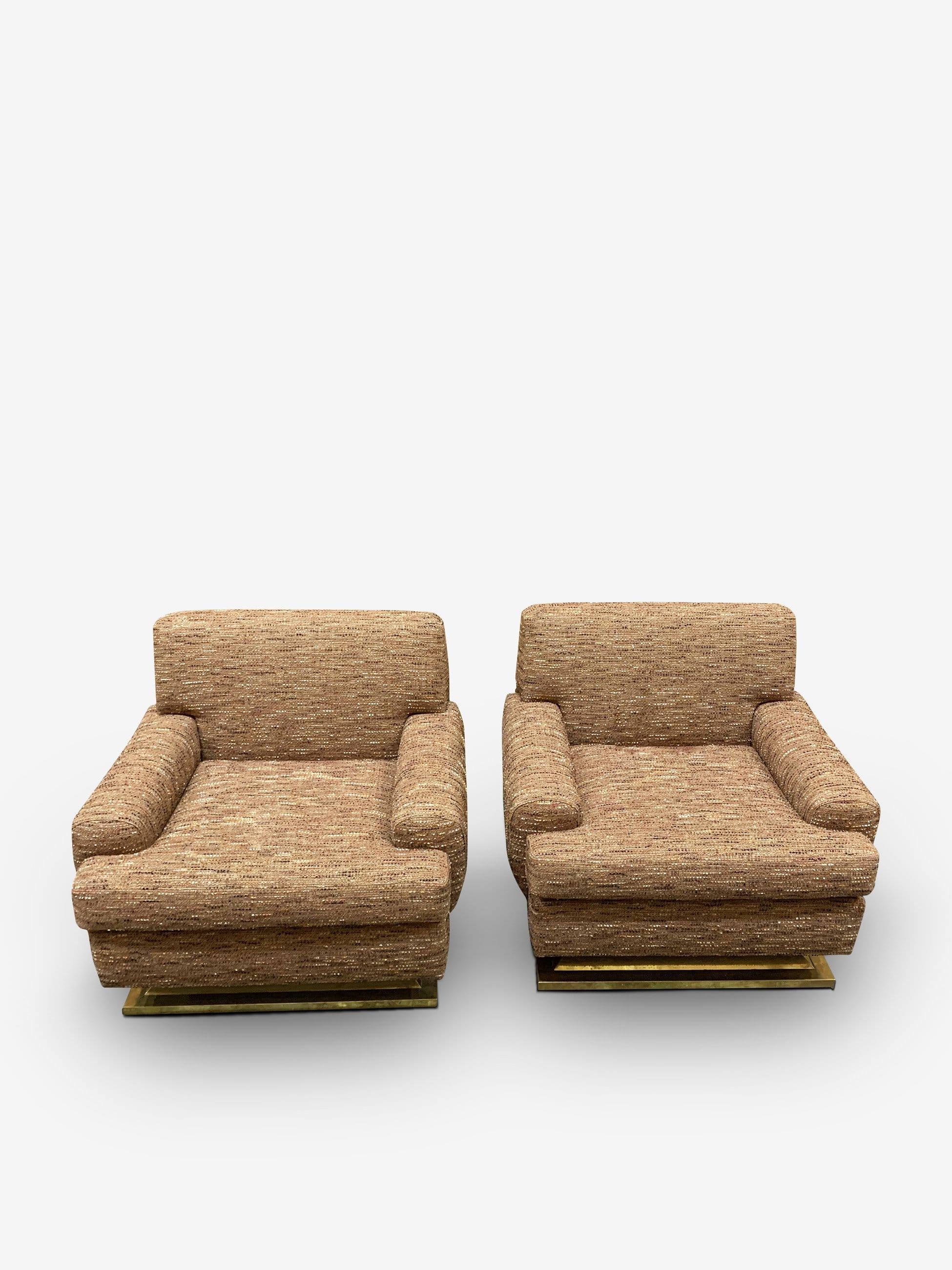 Brass Pair of 1970's French Lounge Chairs in Tweed For Sale