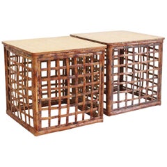Pair of 1970s French Parquetry and Bamboo Sofa Tables