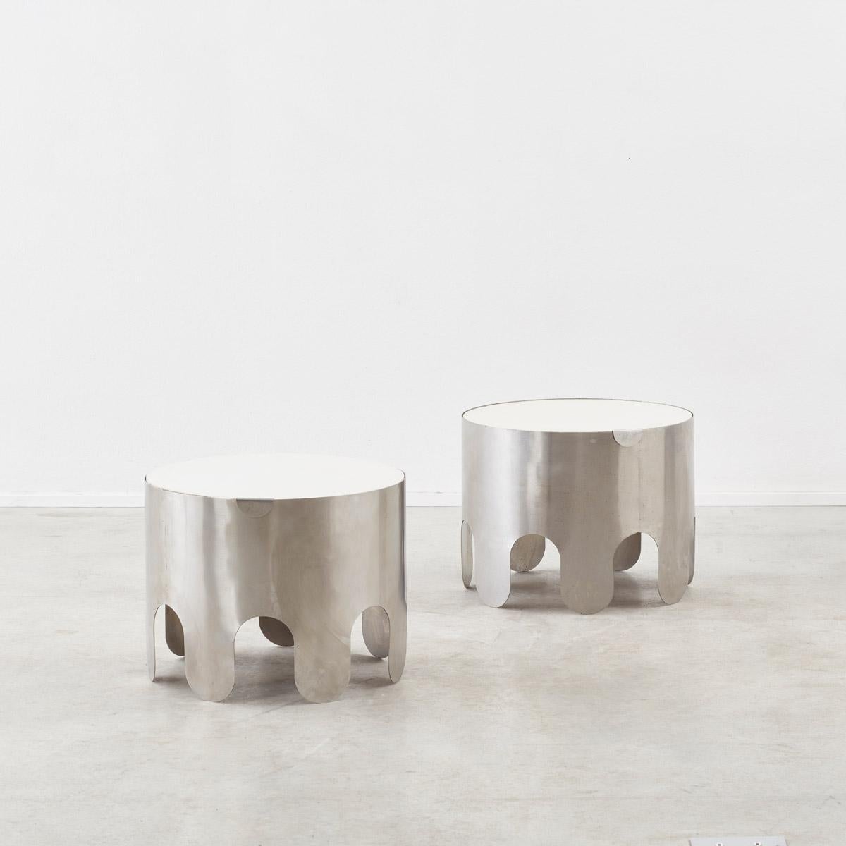 Modern Pair of 1970s French tambour shaped side tables in brushed metal 