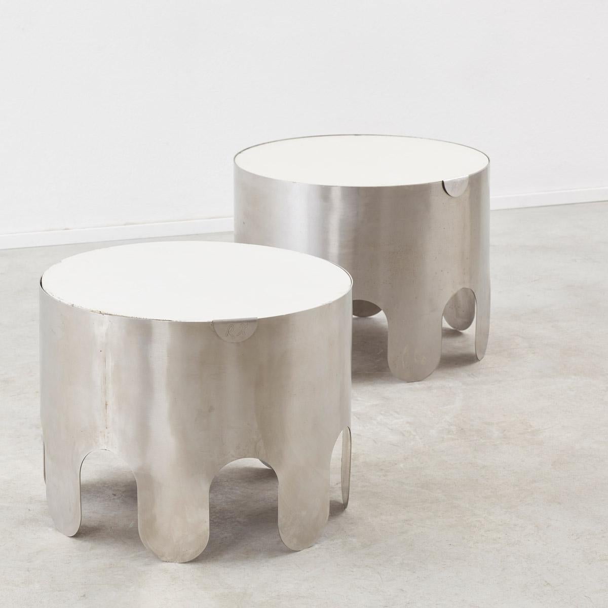 Metal Pair of 1970s French tambour shaped side tables in brushed metal 