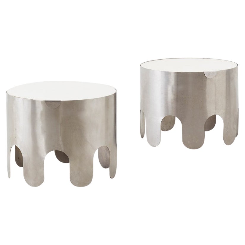 Pair of 1970s French tambour shaped side tables in brushed metal
