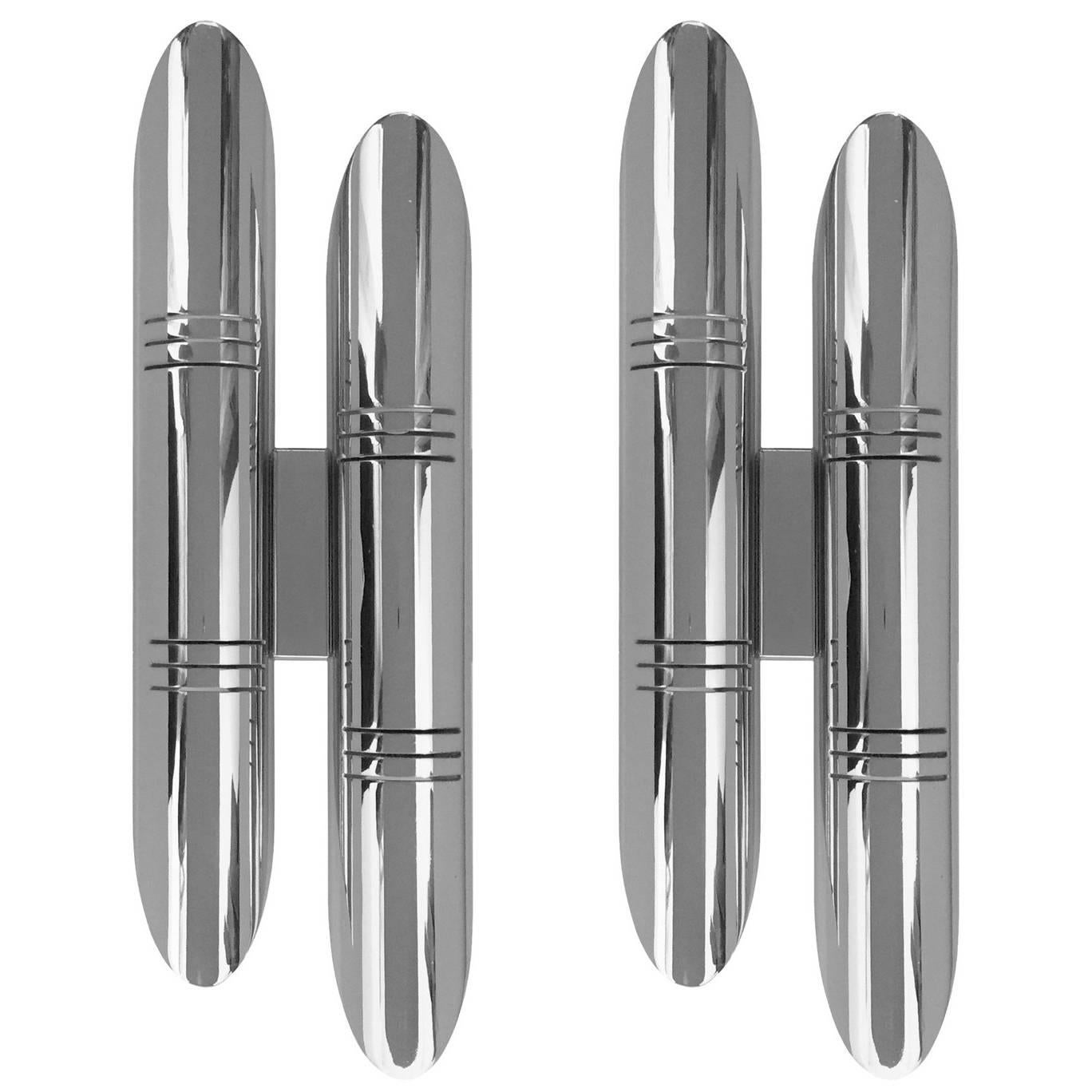 Pair of 1970s French Tubular Chrome Wall Sconces