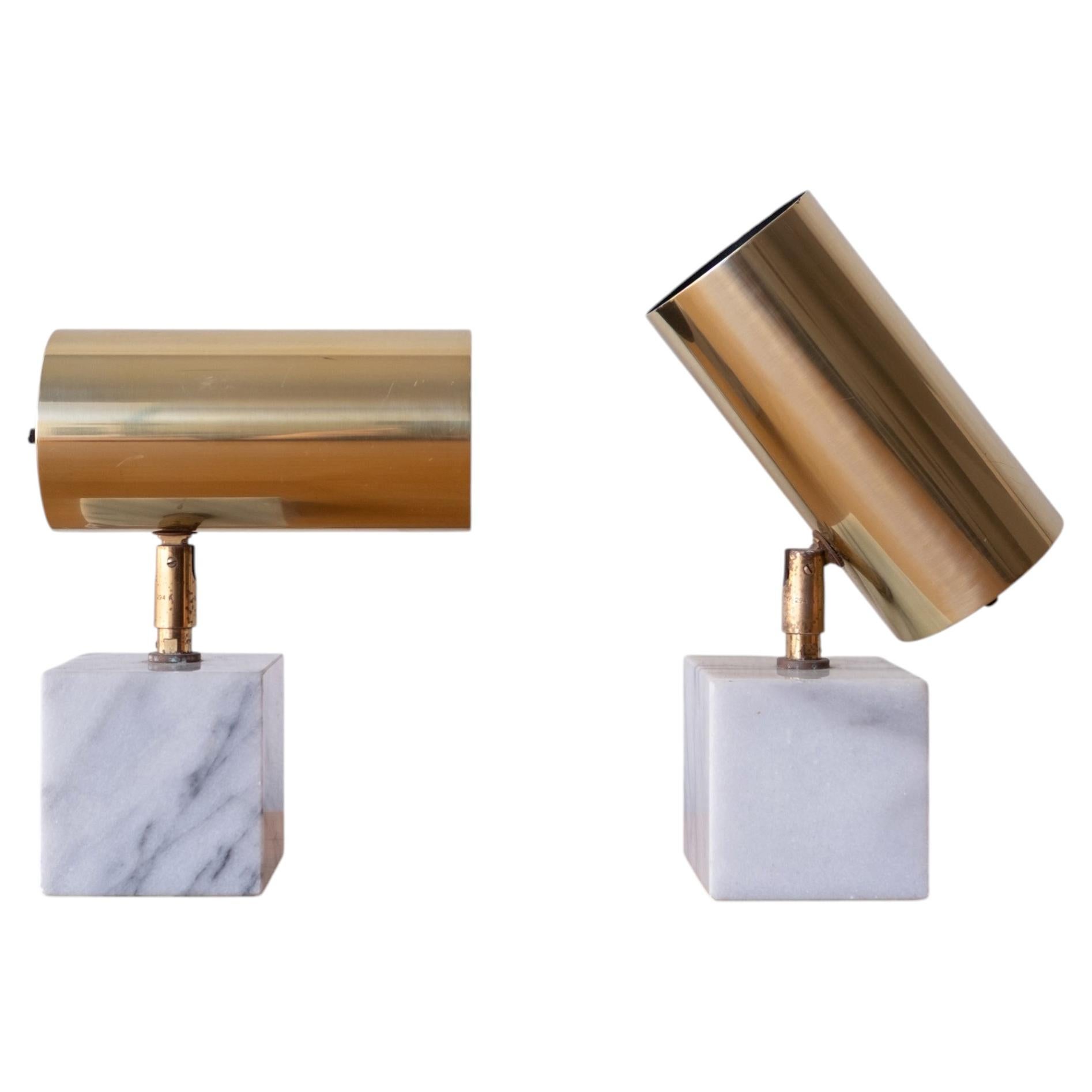 Pair of 1970’s George Kovacs Stem Spot Lamps Brass and Italian Marble
