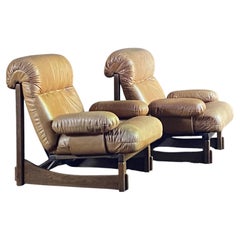 Pair of 1970's German Brutalist oak and leather lounge chairs - Carl Straub