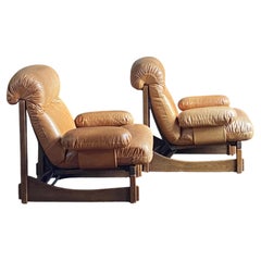 Pair of 1970's German Brutalist oak and leather lounge chairs - Carl Straub