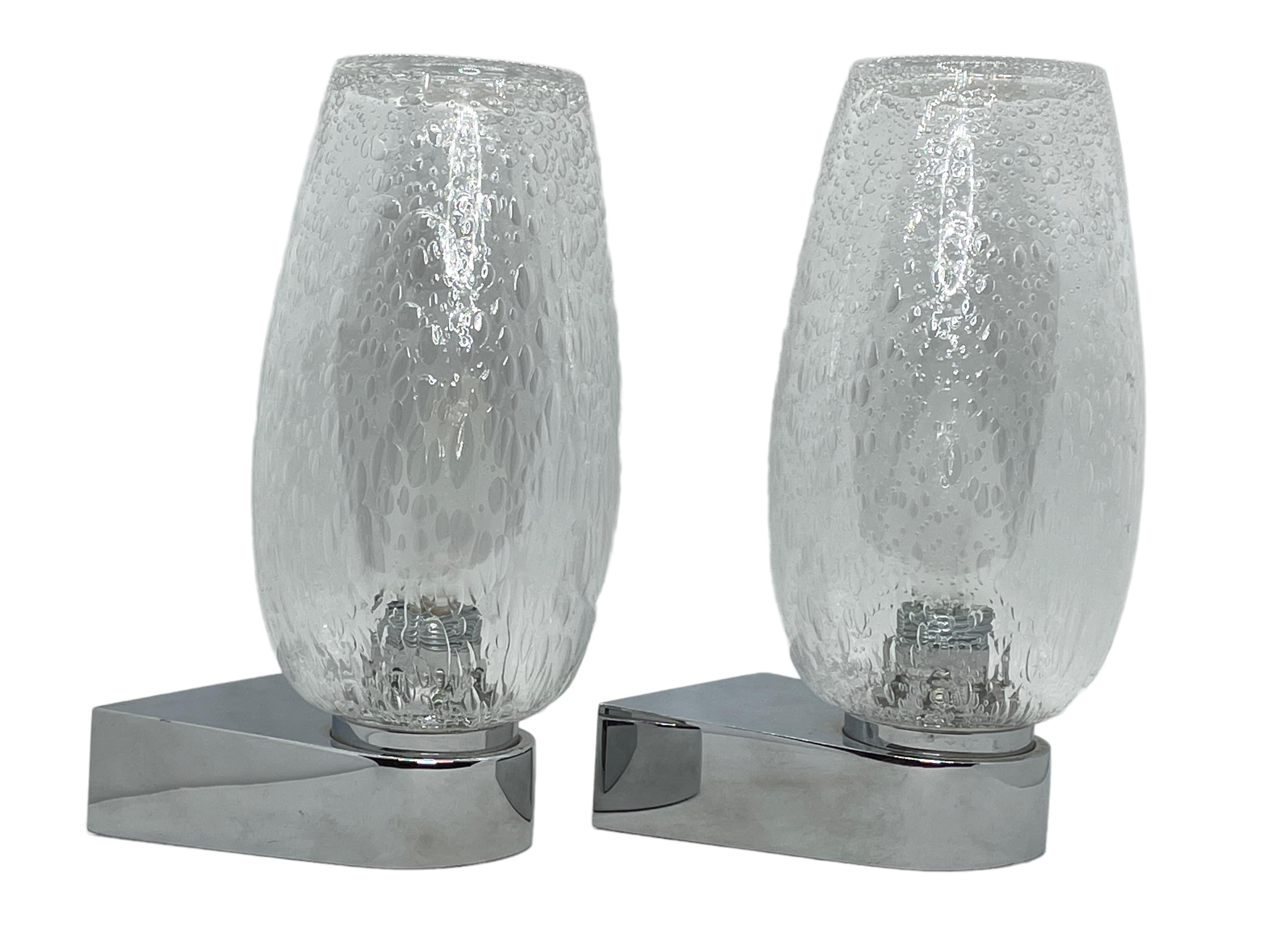 Pair of 1970s German Bubble Glass and Chrome Sconces, Vintage Mid-Century Modern For Sale 3