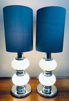 Pair of 1970s German Chrome and White Globe Glass Table Lamps by Solken Leuchten