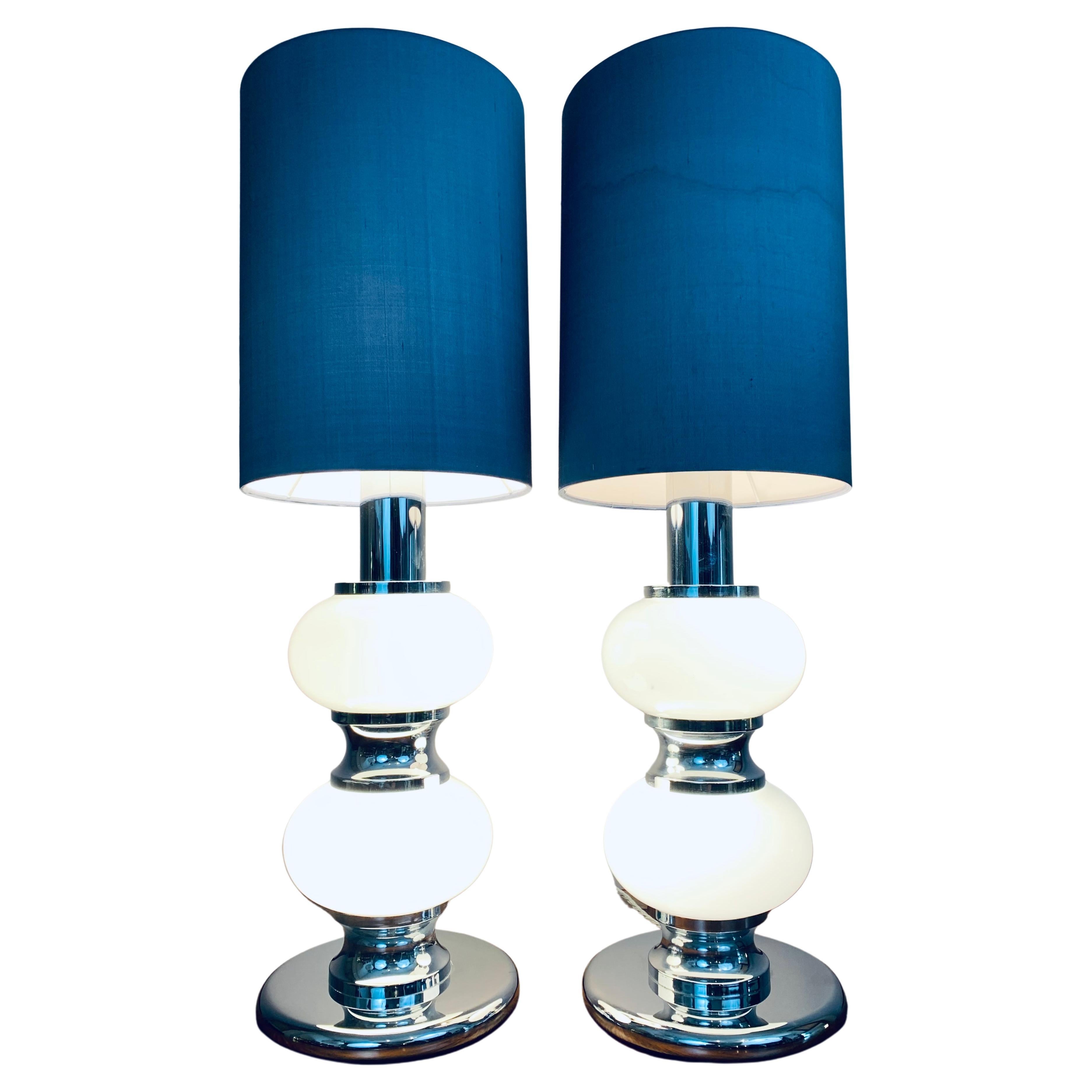 Pair of 1970s German Chrome and White Globe Glass Table Lamps by Solken Leuchten