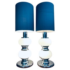 Pair of 1970s German Chrome and White Globe Glass Table Lamps by Solken Leuchten