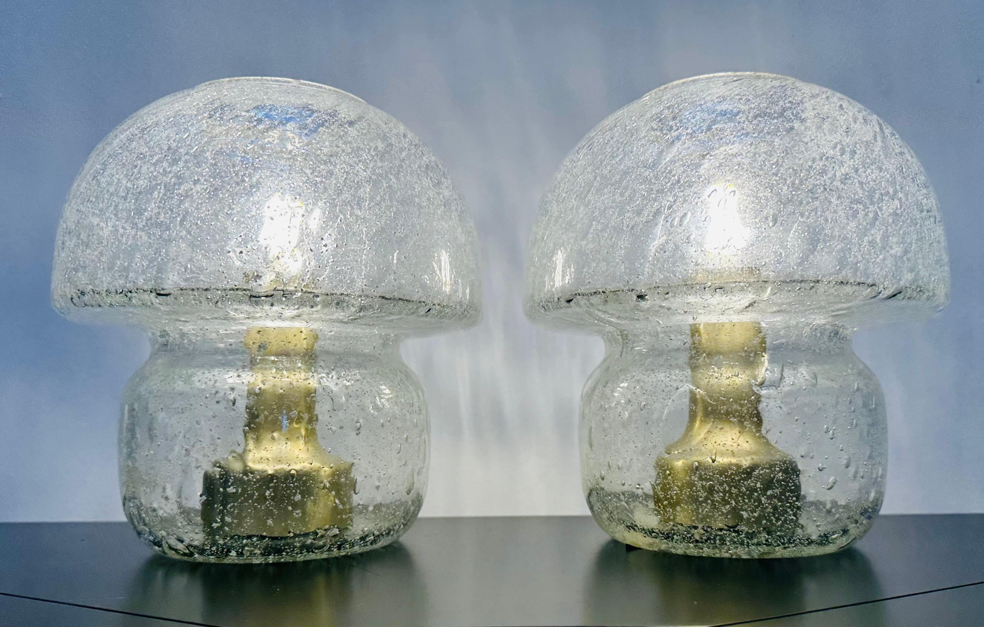 Pair of 1970s German Doria Leuchten Bubbled Glass Bulbous Table Bedside Lamps In Good Condition In London, GB