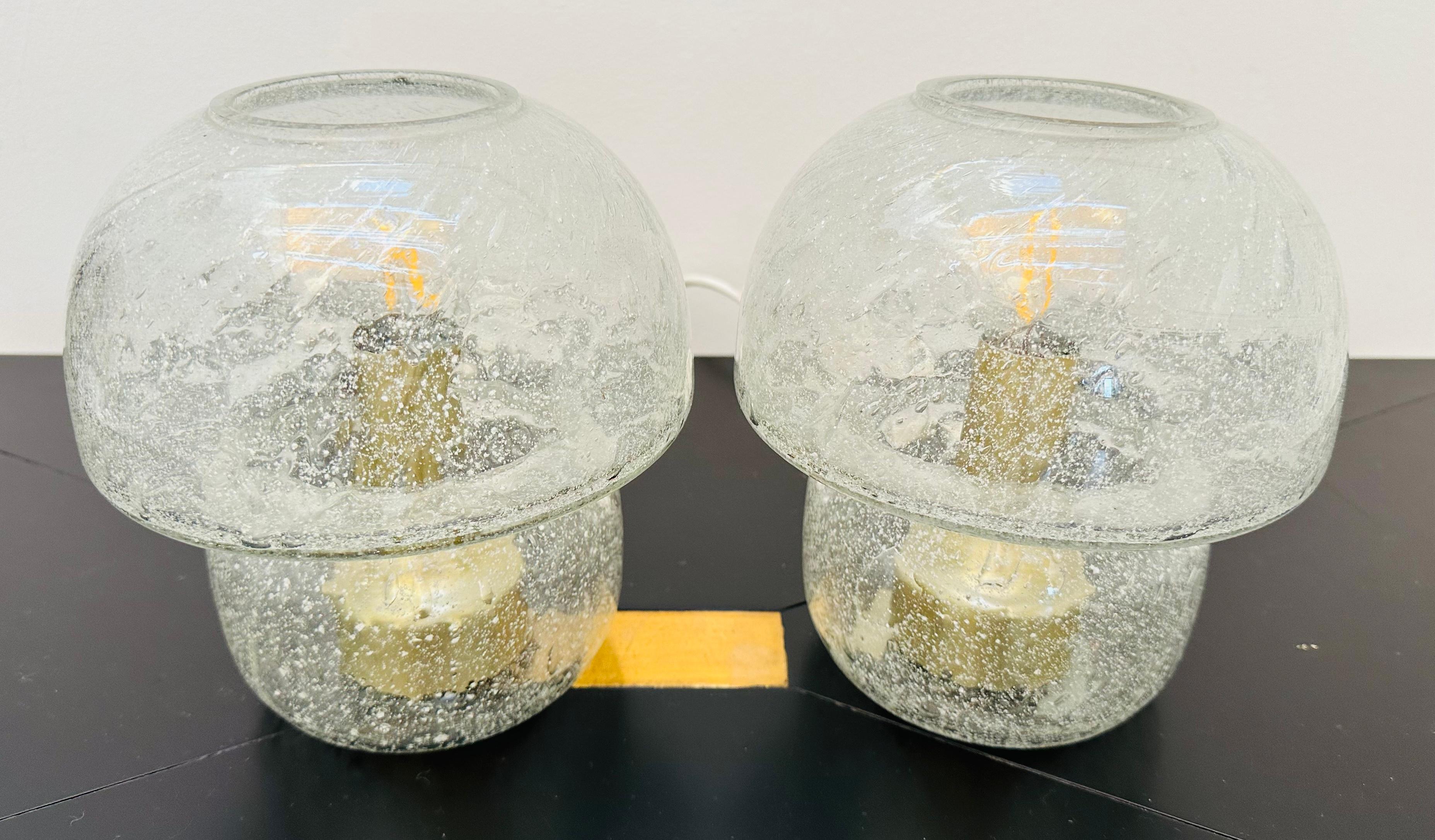 Pair of 1970s German Doria Leuchten Bubbled Glass Bulbous Table Bedside Lamps 3