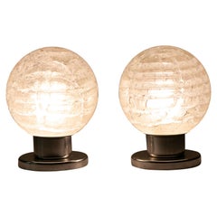 Pair of 1970s German Doria Leuchten Frosted Globe Ice Glass Table Lamps